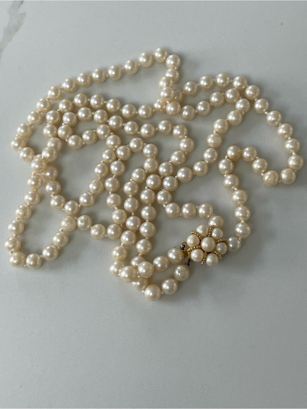 Vintage Double Strand Faux Pearl Necklace w. Floral Pearl Cluster Clasp